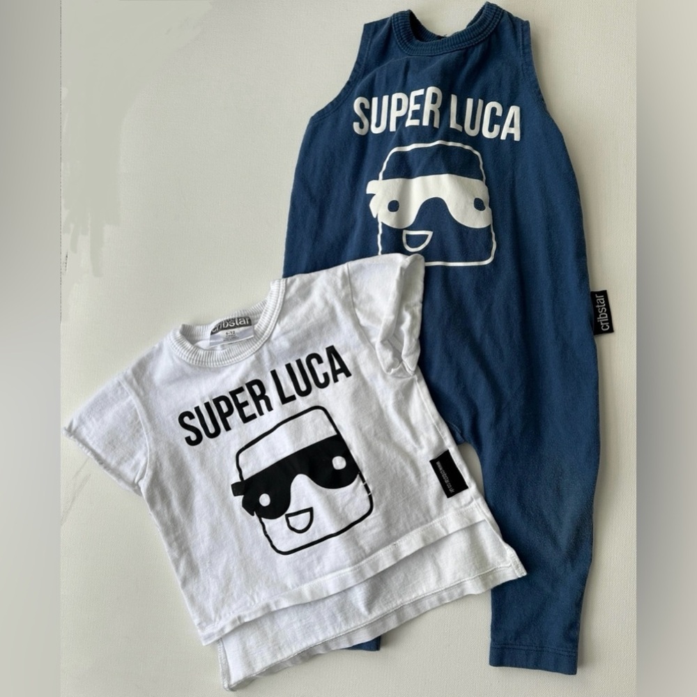 Cribstar boy’s bundle overall blue and tee short sleeve white.  Size 6-12M.